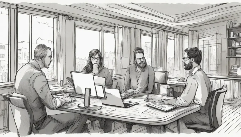 Executivos em um escritório moderno discutindo estratégias de negócios com laptops e gráficos de dados em telas grandes, representando o uso de inteligência artificial.