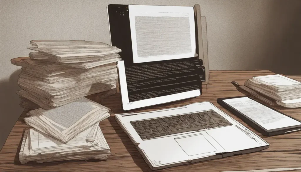 Imagem mostrando a aplicação da IA no campo jurídico, com robô escrevendo peças jurídicas em um escritório com documentos e balança da justiça.