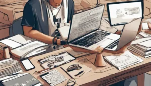 Advogado utilizando inteligência artificial no escritório com laptop, robô assistente e gráficos de dados, promovendo melhorias nos anúncios online.