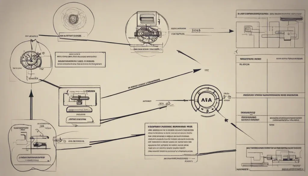 Advogado em escritório moderno usando laptop com gráficos de IA na tela ao fundo, estante de livros jurídicos e balança de justiça ao lado.
