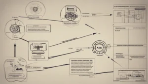 Advogado em escritório moderno usando laptop com gráficos de IA na tela ao fundo, estante de livros jurídicos e balança de justiça ao lado.