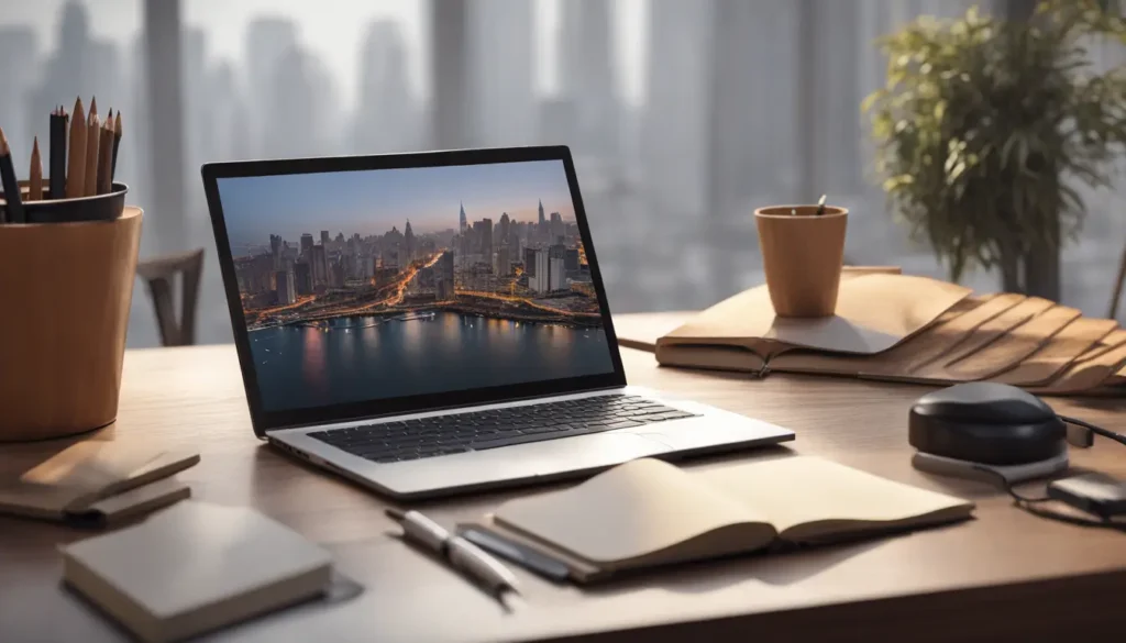 Advogado em escritório moderno utilizando o ChatGPT em seu laptop para fins profissionais, com um livro de leis e prédios da cidade ao fundo.