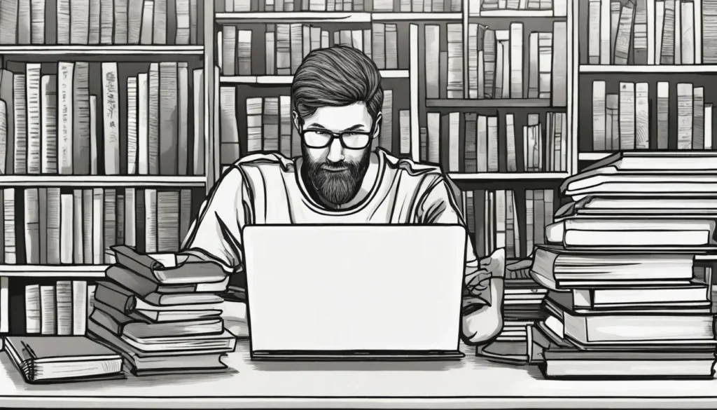 Advogado usando laptop com gráficos de IA, cercado por livros jurídicos, ilustrando a conexão entre direito e inteligência artificial.