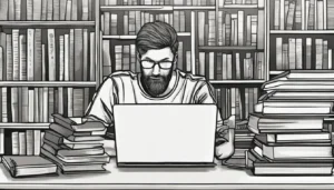 Advogado usando laptop com gráficos de IA, cercado por livros jurídicos, ilustrando a conexão entre direito e inteligência artificial.