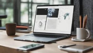 Mesa de escritório com laptop exibindo código de IA, bloco de notas com anotações em português, caneta e livro "Guia Prático", iluminada por luz de escritório.