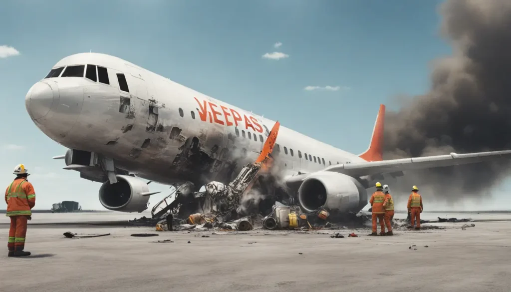 Avião com logotipo da Voepass parcialmente quebrado com fumaça saindo, pista vazia ao fundo, pessoas discutindo e veículos de emergência ao redor.