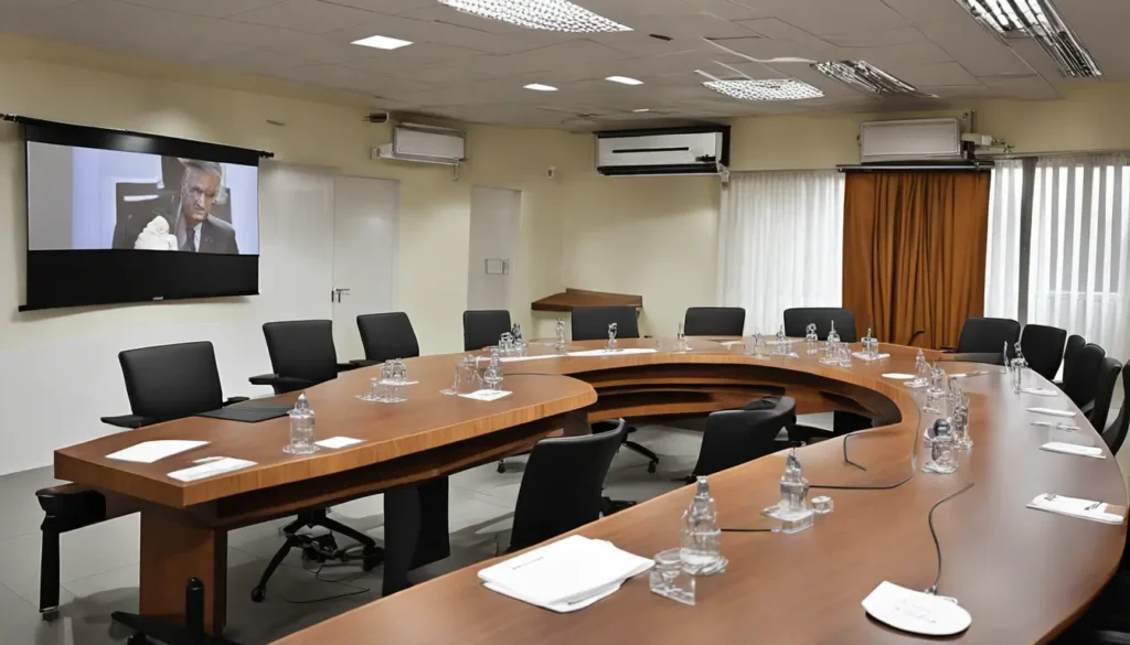 Reunião sobre licitação pública com contrato e produto de marca específica na mesa, simbolizando a discussão sobre exigência de marcas em licitações.