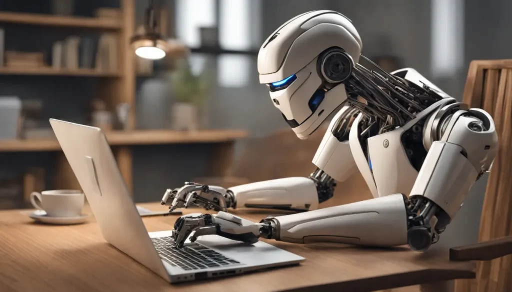 Advogado em escritório moderno utilizando Inteligência Artificial com um laptop e um robô humanoide para análise de dados jurídicos
