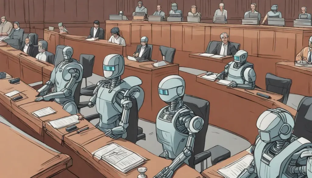 Imagem de um tribunal moderno com um juiz robô, advogados humanos, tecnologia avançada como tablets e hologramas, representando a IA no Direito.