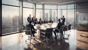 Advogados em sala de conferência segurando diagramas de marketing com uma cidade visível ao fundo.