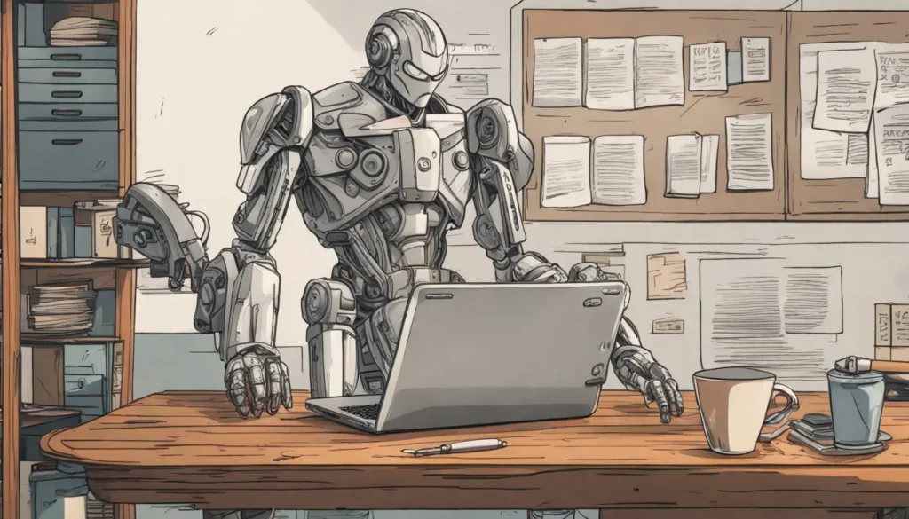 Advogado em escritório moderno com laptop, gráficos de dados, livros de direito e robô assistente de metal prateado com pasta de documentos.