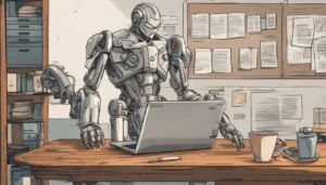 Advogado em escritório moderno com laptop, gráficos de dados, livros de direito e robô assistente de metal prateado com pasta de documentos.