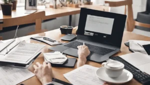 Advogado em um escritório moderno utilizando laptop e tablet com gráficos e ícones de IA, mostrando como a IA pode melhorar a produtividade dos advogados.