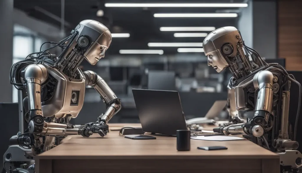 Advogados utilizando inteligência artificial em um escritório moderno, computadores com gráficos de IA e um robô assistente ao fundo.