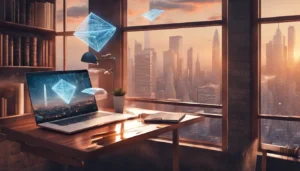 Advogado moderno em escritório high-tech com parede de livros jurídicos, mesa de vidro com laptop, hologramas de dados e vista para cidade futurista.