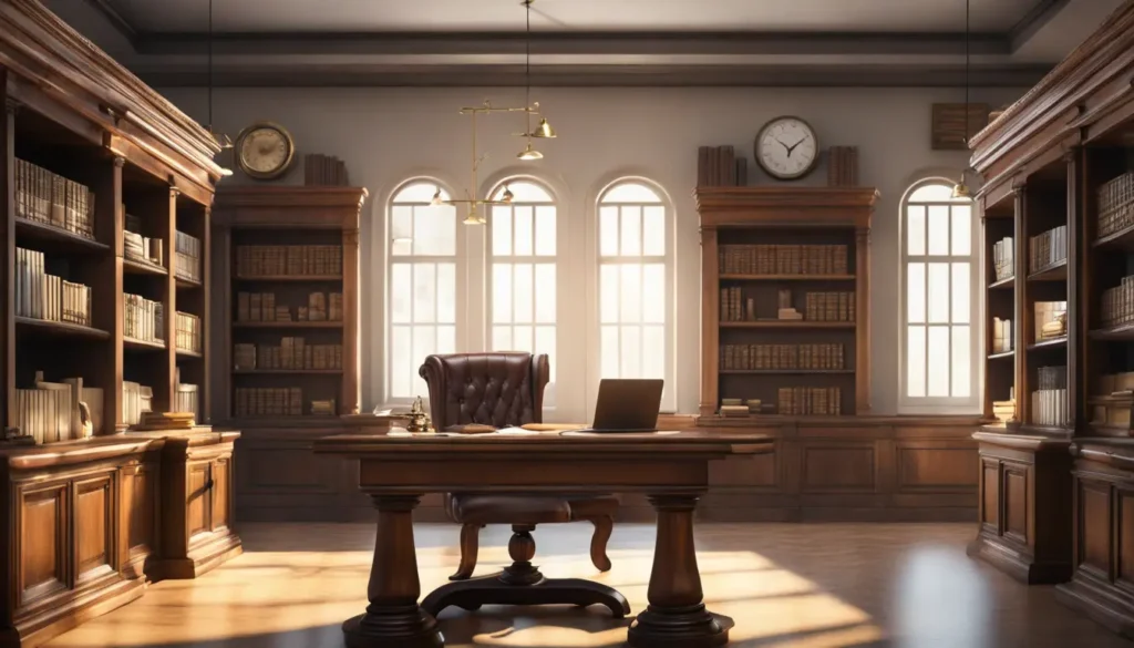 Escritório moderno com mesa de madeira, documentos jurídicos, laptop, balança da justiça, martelo e estantes de livros.
