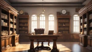 Escritório moderno com mesa de madeira, documentos jurídicos, laptop, balança da justiça, martelo e estantes de livros.