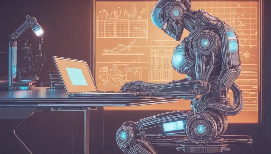 Robô futurista metálico em um escritório moderno com laptop aberto, gráficos e códigos na tela, cercado por hologramas de dados, ambiente tecnológico.