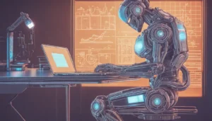 Robô futurista metálico em um escritório moderno com laptop aberto, gráficos e códigos na tela, cercado por hologramas de dados, ambiente tecnológico.