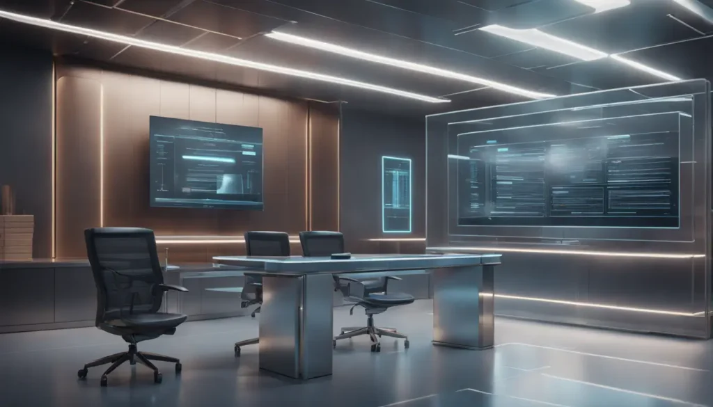 Tribunal futurista com superfícies metálicas e telas transparentes exibindo documentos legais.