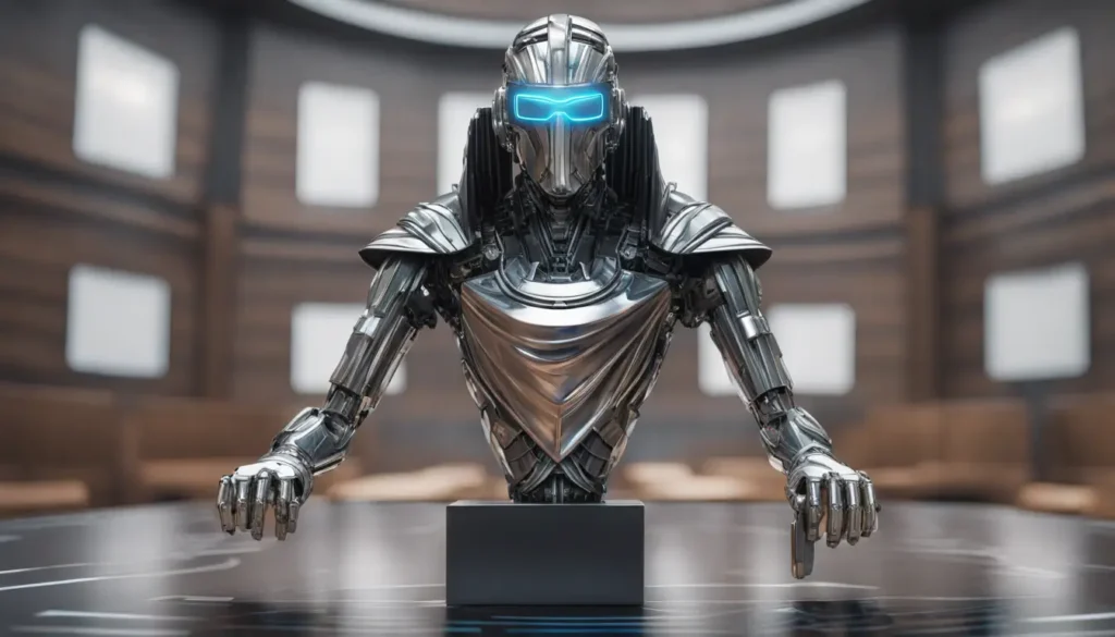 Juiz robô com toga preta e rosto de metal prateado em tribunal futurista com hologramas de leis, representando a IA no universo jurídico