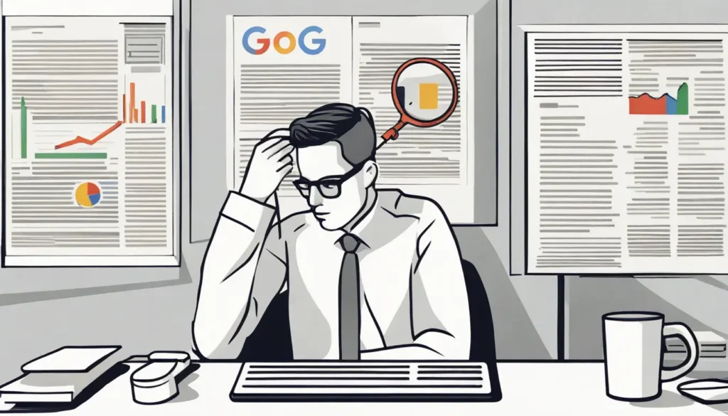 Advogado trabalhando em um escritório moderno, analisando gráficos de SEO e resultados de buscas do Google no computador, com livros jurídicos e quadro branco de estratégias de blog.