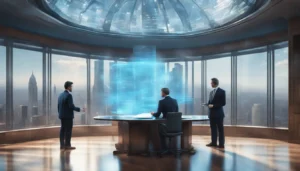 Tribunal moderno com tela digital holográfica, advogados discutindo com juiz de IA, cidade futurística ao fundo.