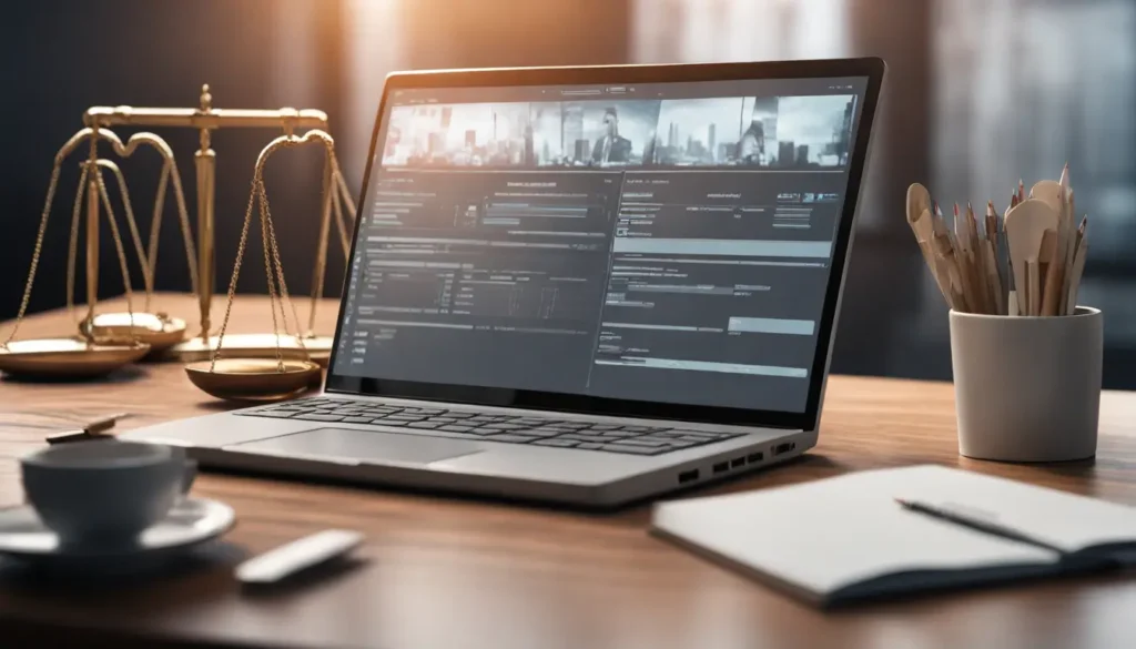 Advogado usando laptop com ícones de IA em tribunal moderno, juízes ao fundo e balança da justiça, ilustrando limites legais do ChatGPT na advocacia.