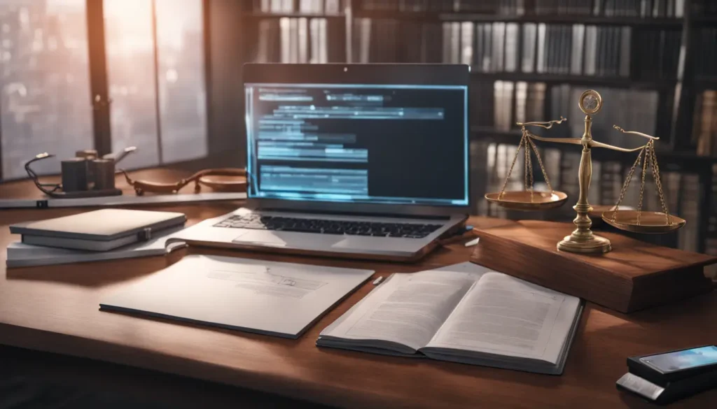 Laptop com software jurídico, martelo, balança e livros jurídicos em uma mesa de escritório moderna com interface digital holográfica.