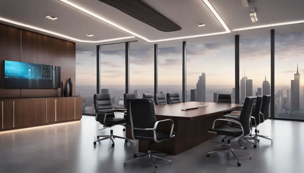 Interior de escritório de advocacia moderno com mesa de conferência de madeira escura e cadeiras de couro preto.