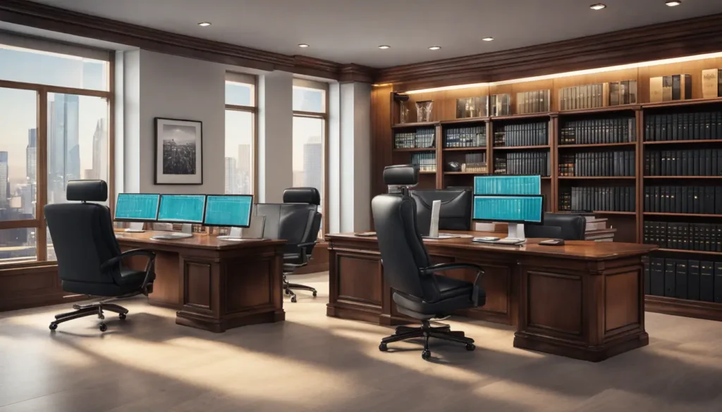 Advogado trabalhando em um escritório de advocacia moderno com computadores exibindo documentos legais e o logotipo da Advtechpro, destacando a tecnologia legal.