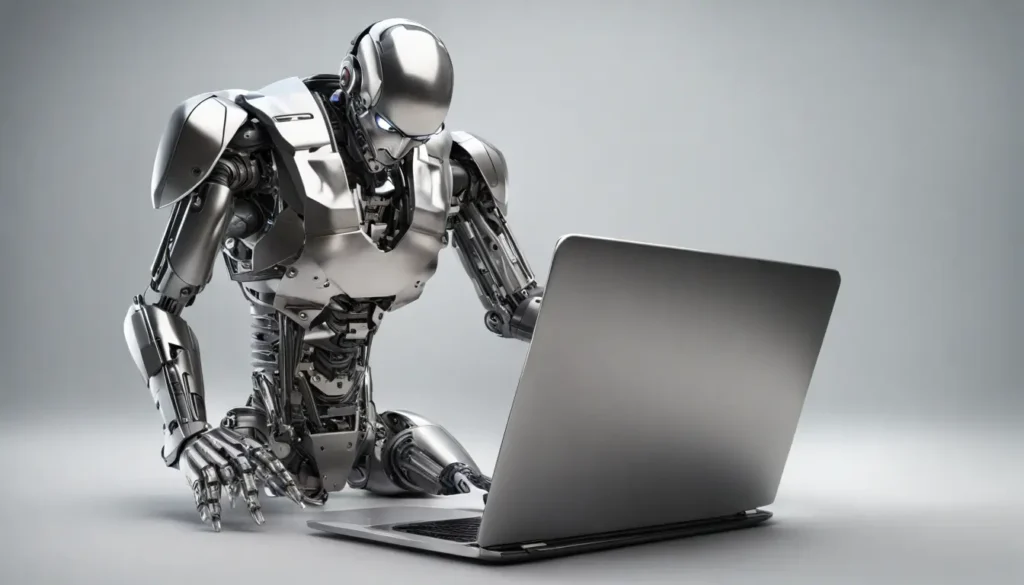 Advogado de terno cinza e robô humanóide brilhante trabalhando juntos em um laptop em um escritório, ilustrando a substituição de advogados pela IA.