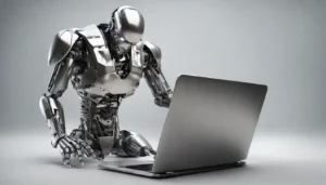 Advogado de terno cinza e robô humanóide brilhante trabalhando juntos em um laptop em um escritório, ilustrando a substituição de advogados pela IA.