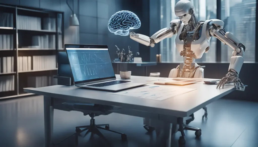 Escritório de advocacia moderno com mesa elegante, laptop exibindo gráficos analíticos, braço robótico segurando documentos legais e holograma de cérebro de IA brilhando.