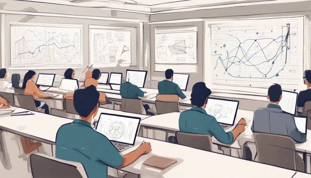 Advogados em aula sobre inteligência artificial para aprender o caminho ideal para a área jurídica, com laptops e professor explicando no quadro branco.