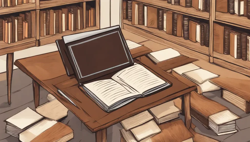 Advogado em escritório moderno com computador exibindo balança da justiça, mesa de madeira com livros jurídicos e estante ao fundo.