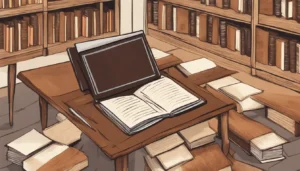 Advogado em escritório moderno com computador exibindo balança da justiça, mesa de madeira com livros jurídicos e estante ao fundo.