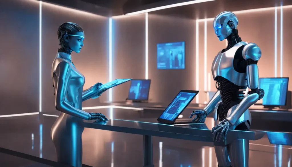 Robô humanoide e advogado humano examinam arquivos digitais em tribunal futurista.