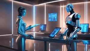 Robô humanoide e advogado humano examinam arquivos digitais em tribunal futurista.