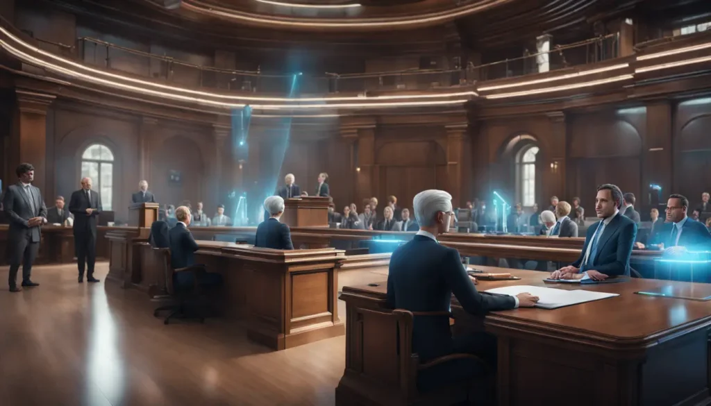 Robô juiz de metal e vidro com olhos azuis em tribunal moderno com advogados e hologramas de detalhes do caso.