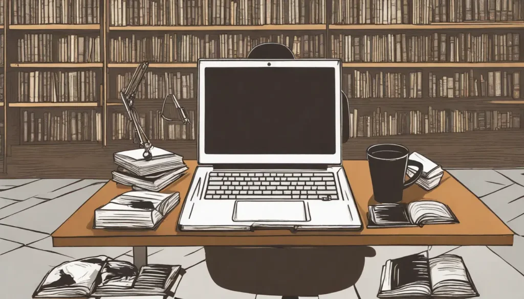 Escritório moderno mostrando a transformação da advocacia pela IA, com laptop, balança de justiça, livros de direito e robô interagindo com holograma.