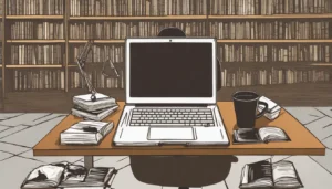Escritório moderno mostrando a transformação da advocacia pela IA, com laptop, balança de justiça, livros de direito e robô interagindo com holograma.