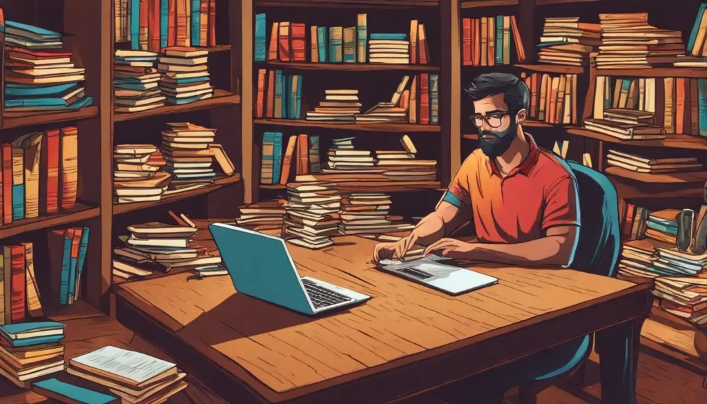 Advogado utilizando IA em um escritório, com laptop mostrando gráficos, mesa organizada, estante de livros jurídicos e balança de justiça dourada.