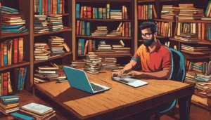 Advogado utilizando IA em um escritório, com laptop mostrando gráficos, mesa organizada, estante de livros jurídicos e balança de justiça dourada.