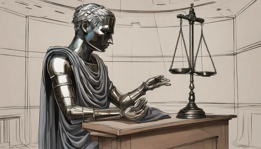 Imagem de um juiz robótico futurístico em um tribunal moderno, destacando a transformação do direito pela inteligência artificial.