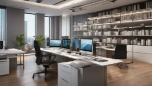 Escritório de advocacia moderno com gráficos de crescimento financeiro em monitores, mostrando como a IA pode impulsionar a receita na advocacia.