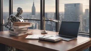 Escritório de advocacia moderno com computador mostrando código, livros de direito e martelo robótico na mesa.