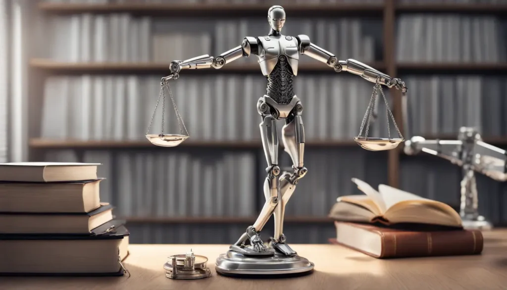 Balança da justiça com braço robótico prateado e mão humana equilibrados em um escritório jurídico moderno.