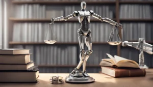 Balança da justiça com braço robótico prateado e mão humana equilibrados em um escritório jurídico moderno.