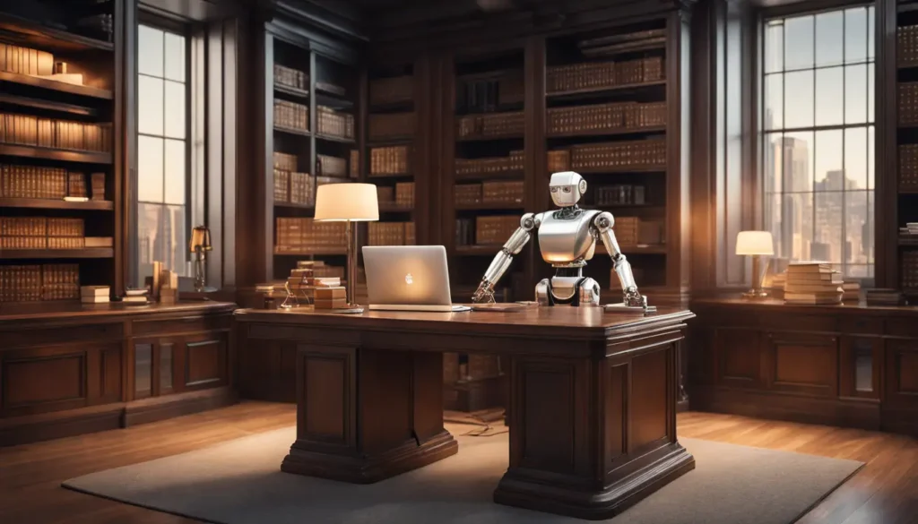 Escritório de advocacia com robô assistente metálico ao lado de uma mesa grande e laptop exibindo documentos legais.